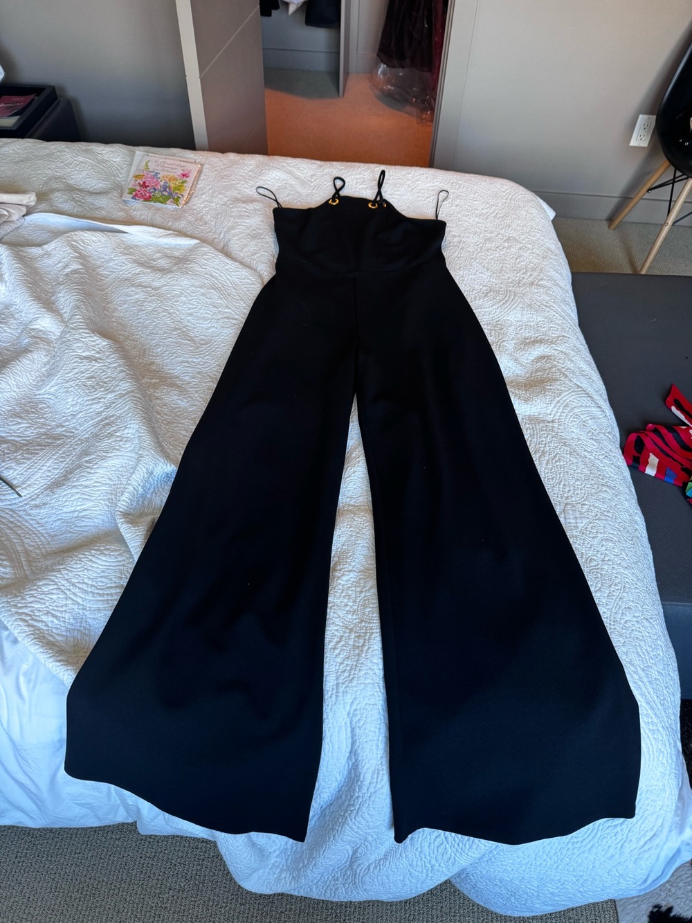 Express Black Wide-Leg Spaghetti Strap Jumpsuit with Gold Ring Detail